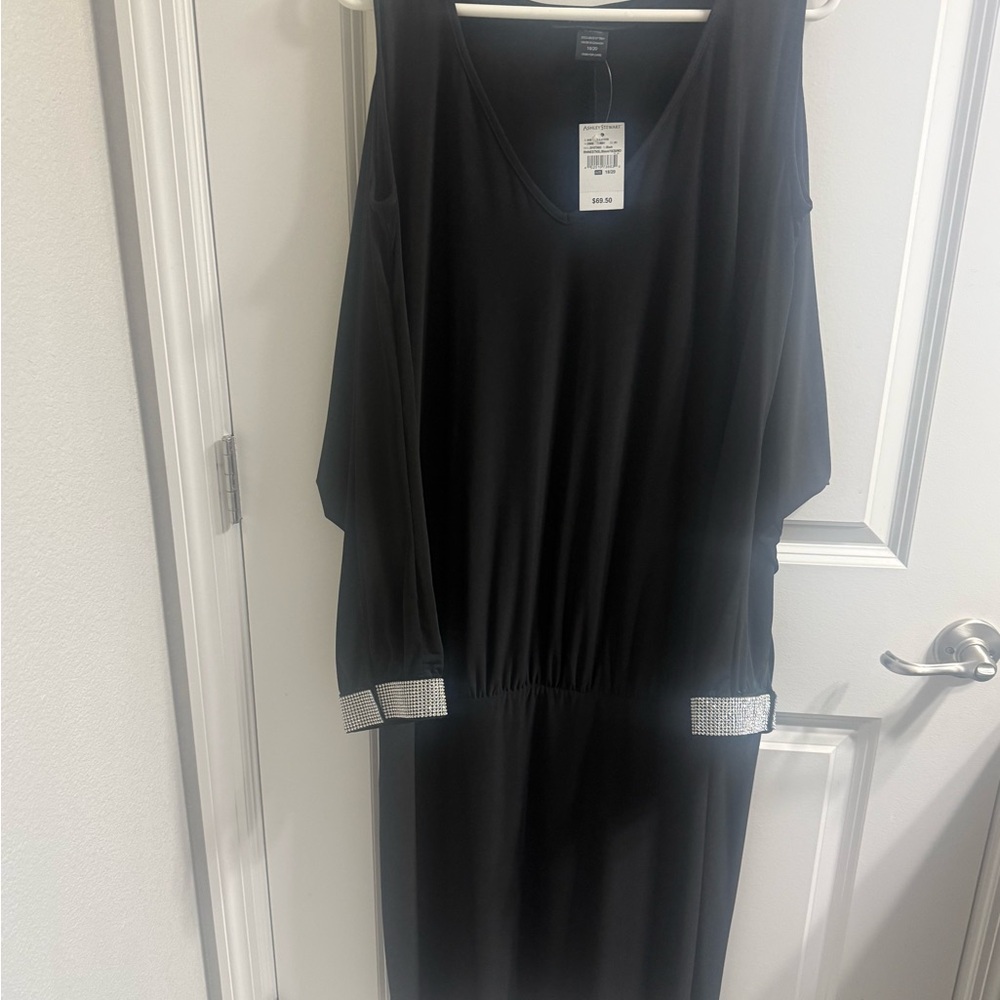 Ashley Stewart Black Midi Dress with Rhinestone Cuff Accents
